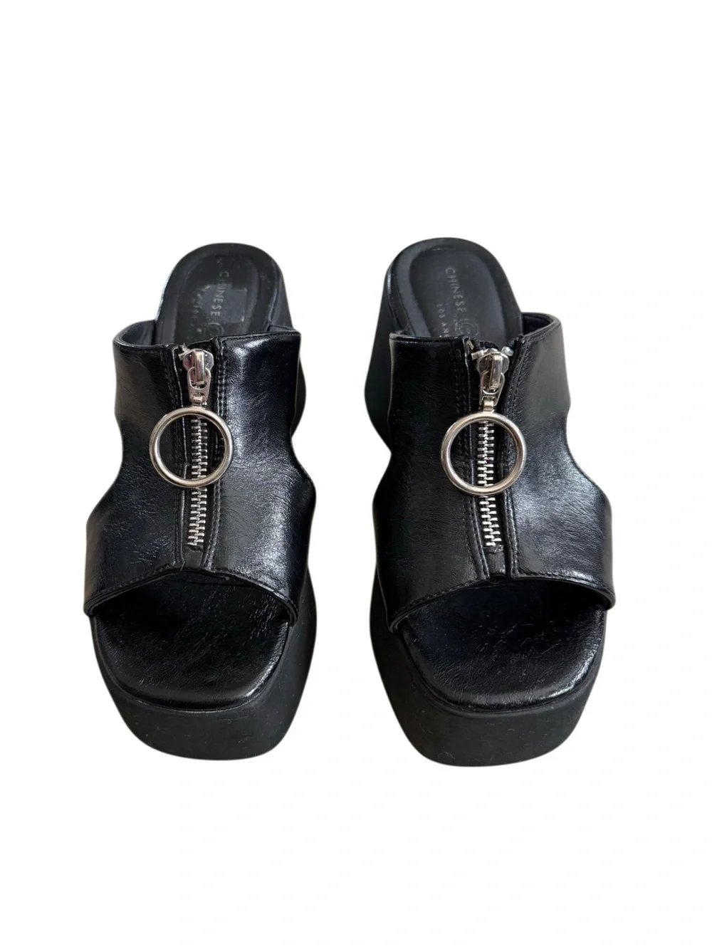 Y2K Chinese Laundry Black Platform Slide Wedges with Front Zip Accent Size 6
